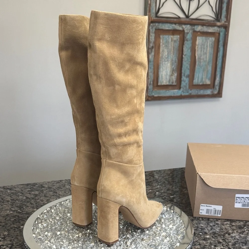Steve Madden Ally Tan Suede Knee-High Block Heel Boots NEW 6